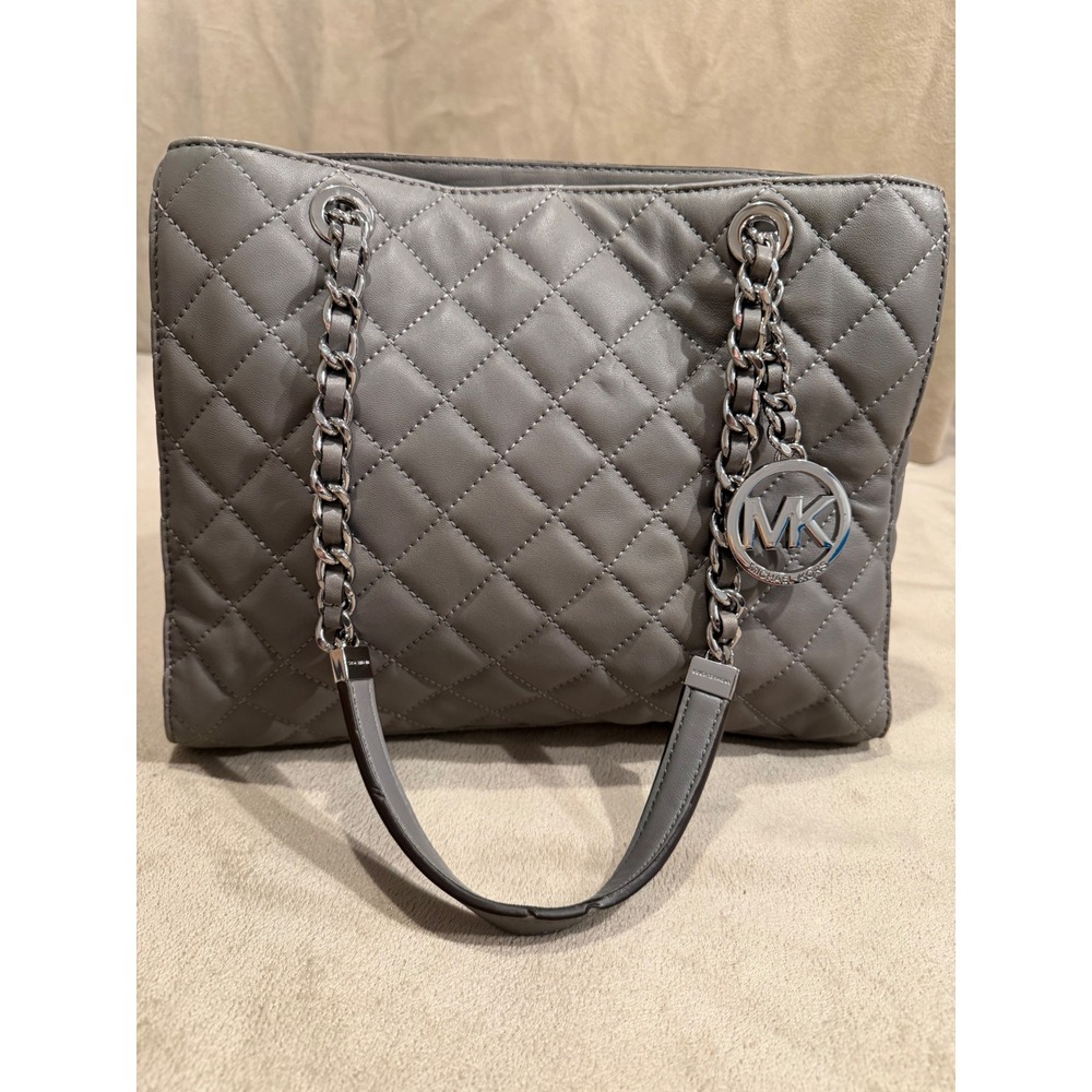 Michael Kors Susannah Quilted Leather Tote Bag Grey Silver Hardware Shoulder Bag - Picture 5 of 11